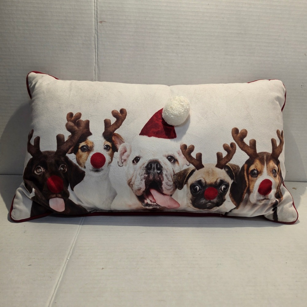 Christmas Reindeer Dogs Lumbar Pillow Holiday Decor Bulldog Pug Beagle 20x11